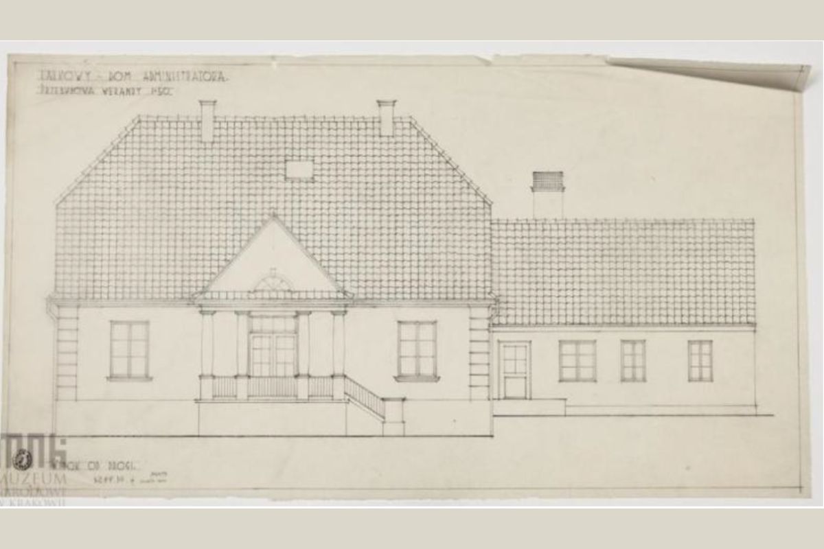 Dom administratora, projekt przebudowy, fasada domu z werandą, między 1937 – 1939 r. (MNK III-PL.-7451)